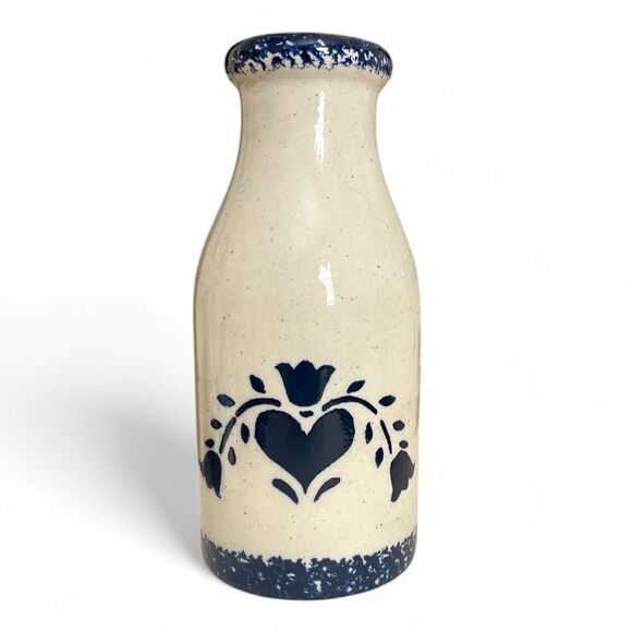 Country Heart Flower Design Sponge Paint Trim Speckled Ceramic Milk Bottle Vase - Picture 1 of 15